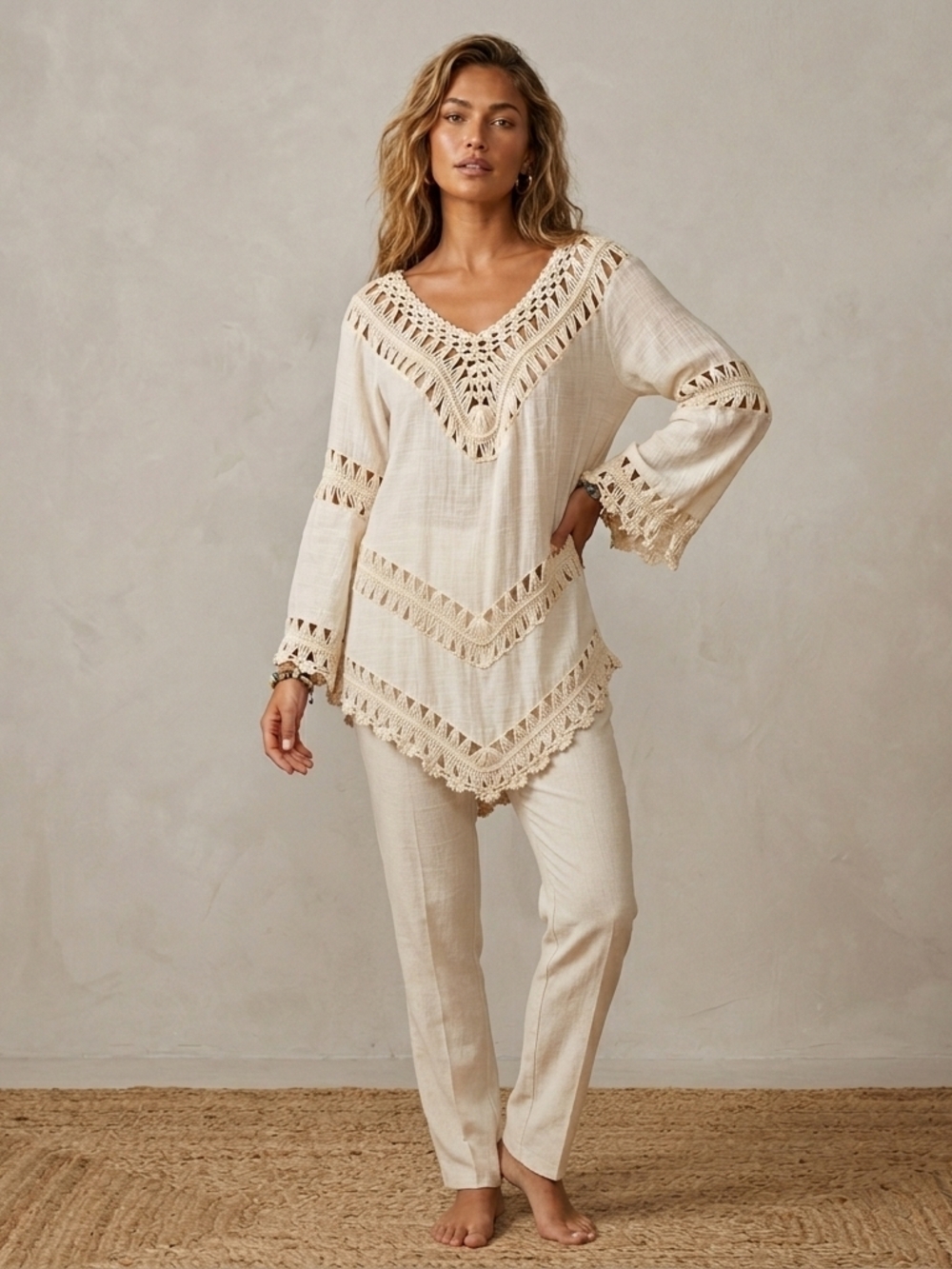 SHEIN Cream Crochet Trim Boho V-Neck Tunic Size 2XL